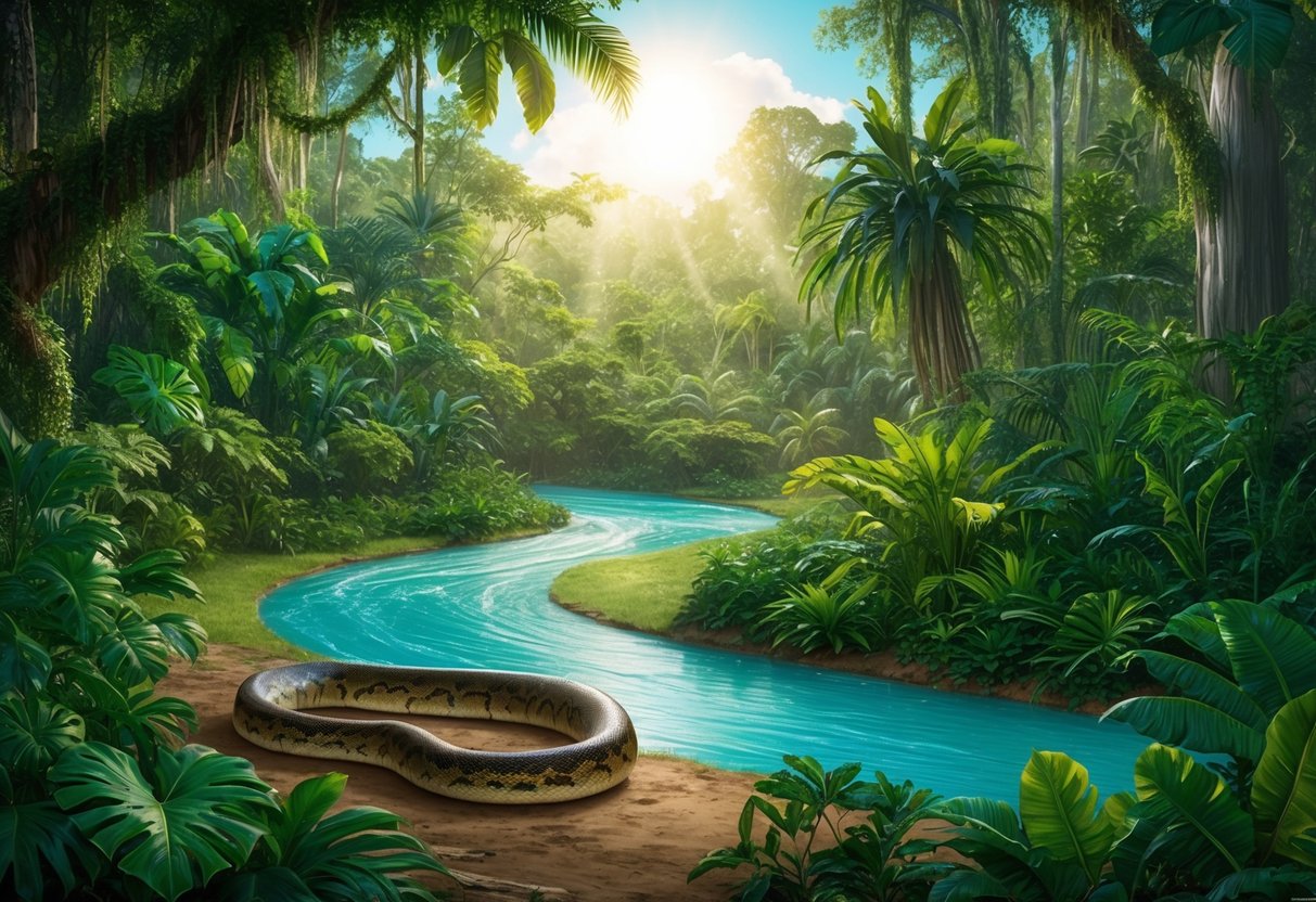 A lush, tropical rainforest with a winding river, thick vegetation, and a sunlit clearing where a massive anaconda snake slithers through the underbrush