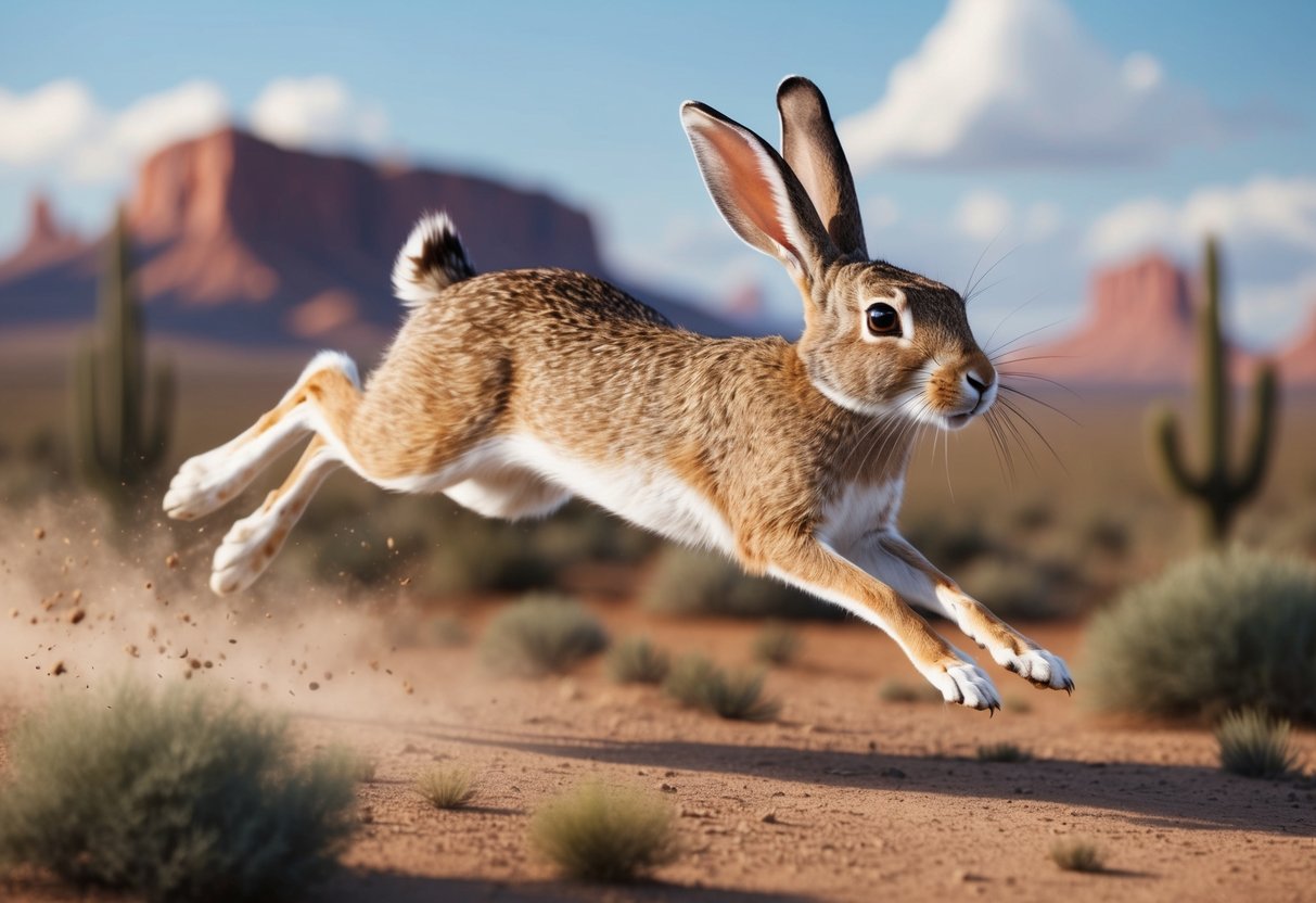 A jackrabbit bounding through a desert landscape, ears erect and long legs stretched out in a powerful leap