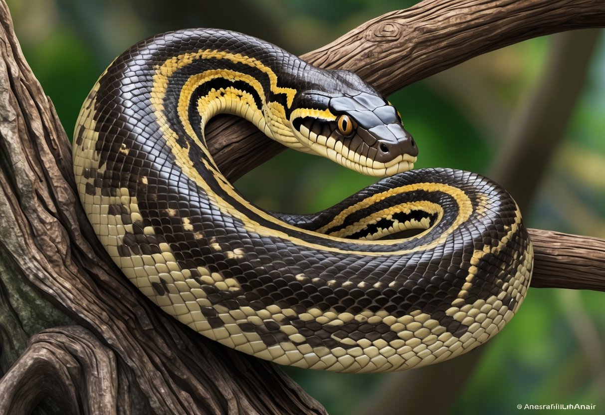 An anaconda snake coils around a tree branch, its body muscular and powerful, while its eyes watch for prey with intense focus