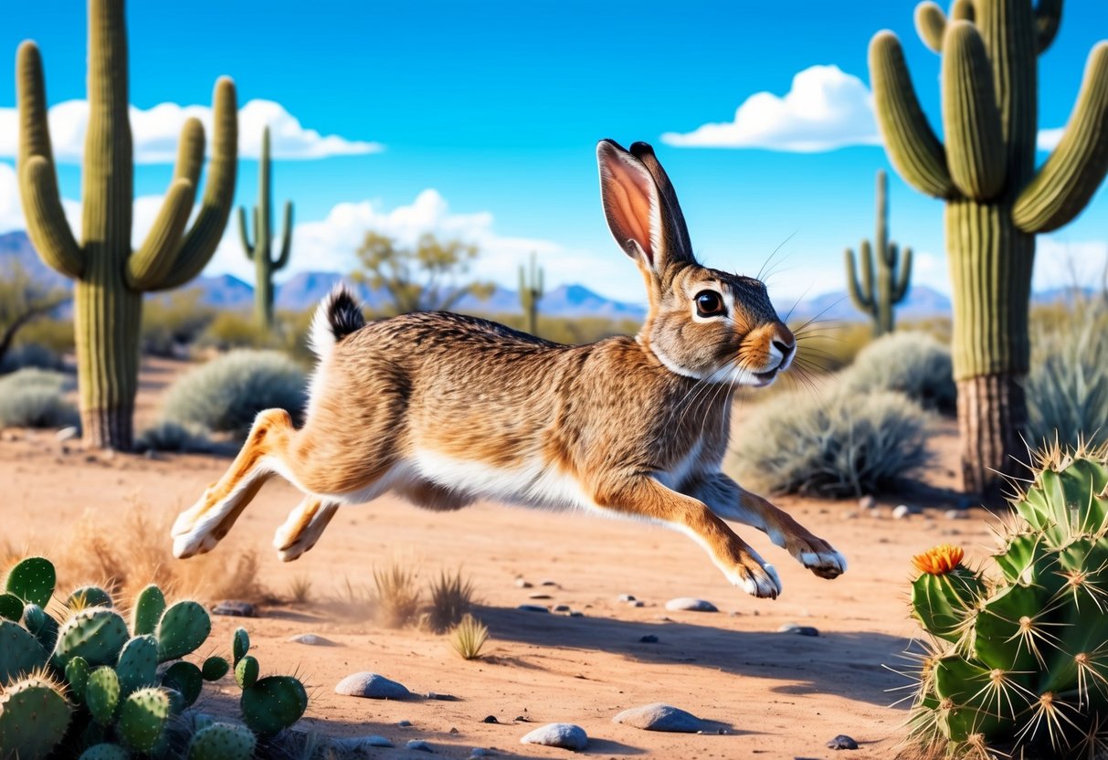 A jackrabbit leaps through a desert habitat, surrounded by cacti and scrub brush, under a bright blue sky