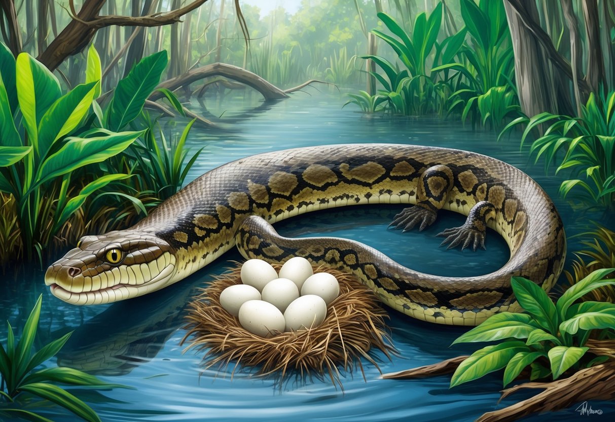 An anaconda slithers through a swamp, surrounded by lush green foliage.</p><p>A clutch of eggs lies nestled in the underbrush, awaiting the next phase of the snake's life cycle