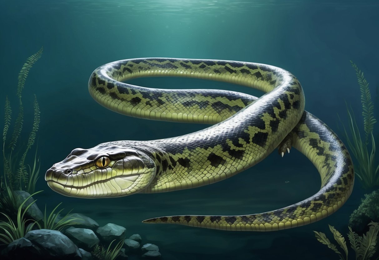 An anaconda slithers through the murky waters, its powerful body coiled and ready to strike at any unsuspecting prey