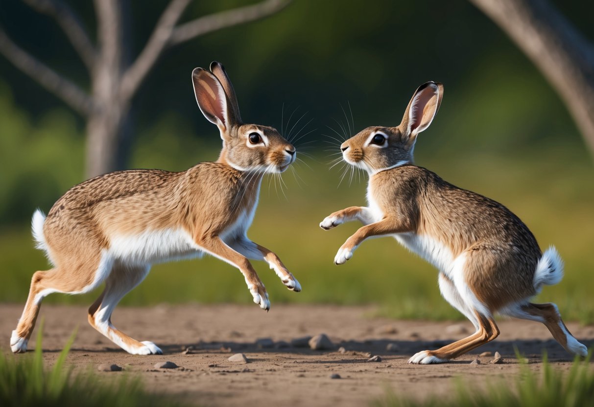 A male and female jackrabbit are engaged in a mating ritual, with the male chasing the female and engaging in courtship behavior