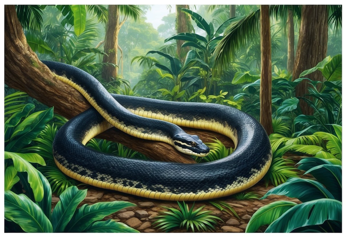 A large anaconda snake slithers through a lush, tropical rainforest, its massive body coiled around a tree branch as it surveys its surroundings