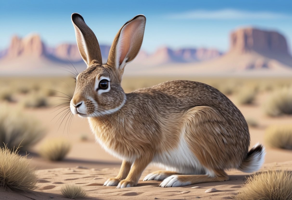 A jackrabbit blends into the desert landscape, its large ears alert for predators.</p><p>Its sandy fur camouflages it against the arid terrain