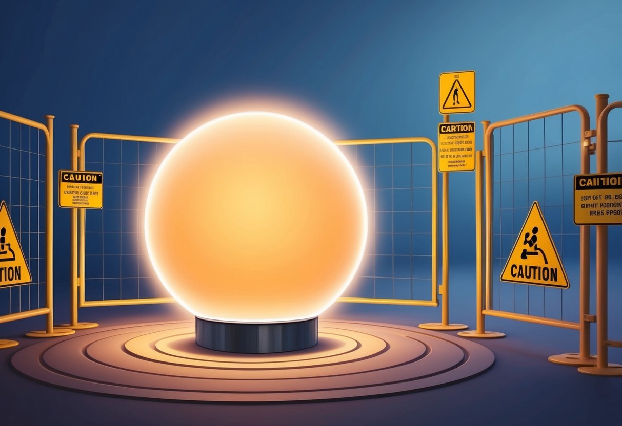 A bright, glowing orb emits a soft, warm light, surrounded by protective barriers and caution signs