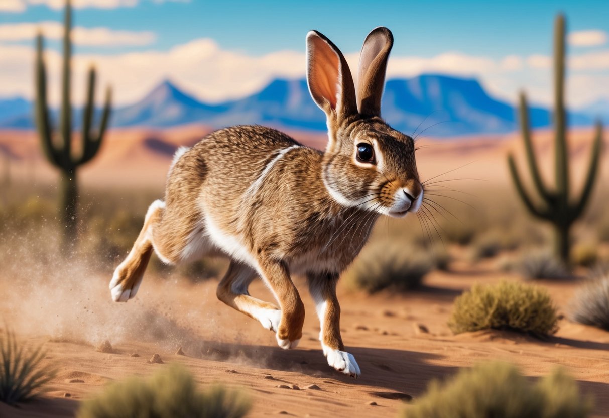 A jack rabbit running through a desert landscape, ears alert, eyes wide, and body poised for swift movement