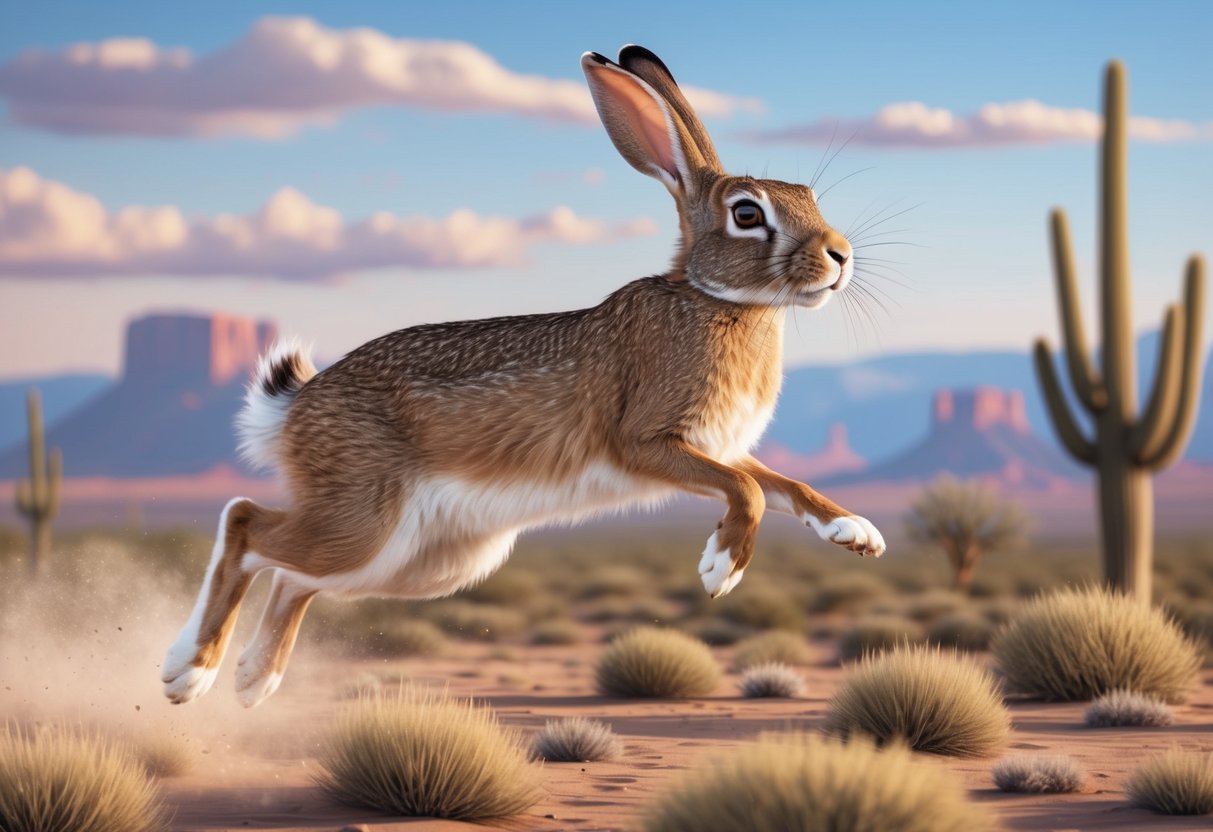 A jackrabbit leaps across a desert landscape, its long ears and powerful hind legs in motion