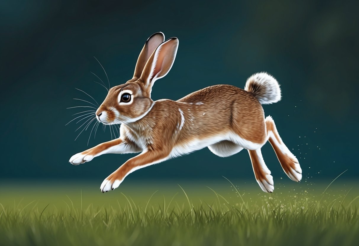 A jack rabbit leaping over a grassy field, with its long ears pointed forward and its hind legs stretched out behind it