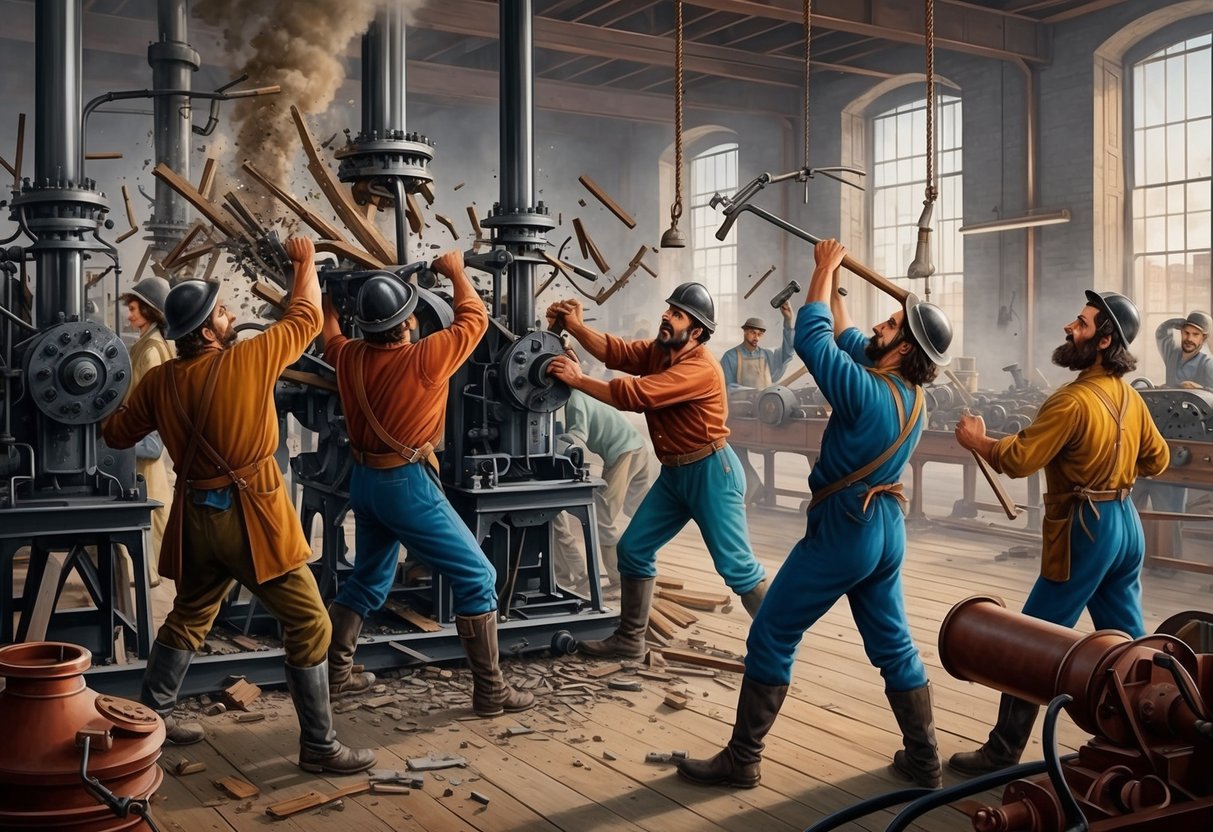 A group of workers destroying machinery in a factory during the Industrial Revolution