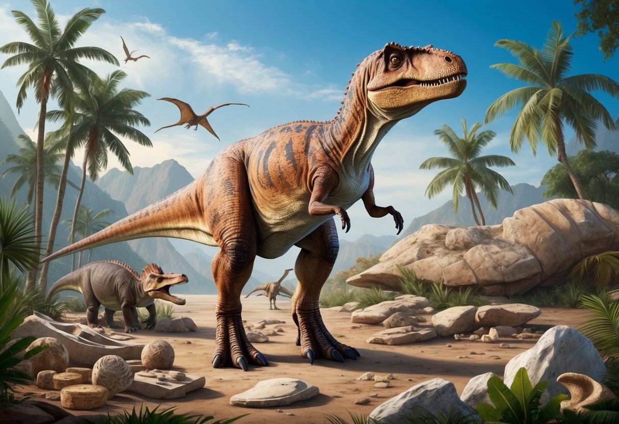 The apex dinosaur stands tall among fascinating fossils and findings, surrounded by prehistoric remnants