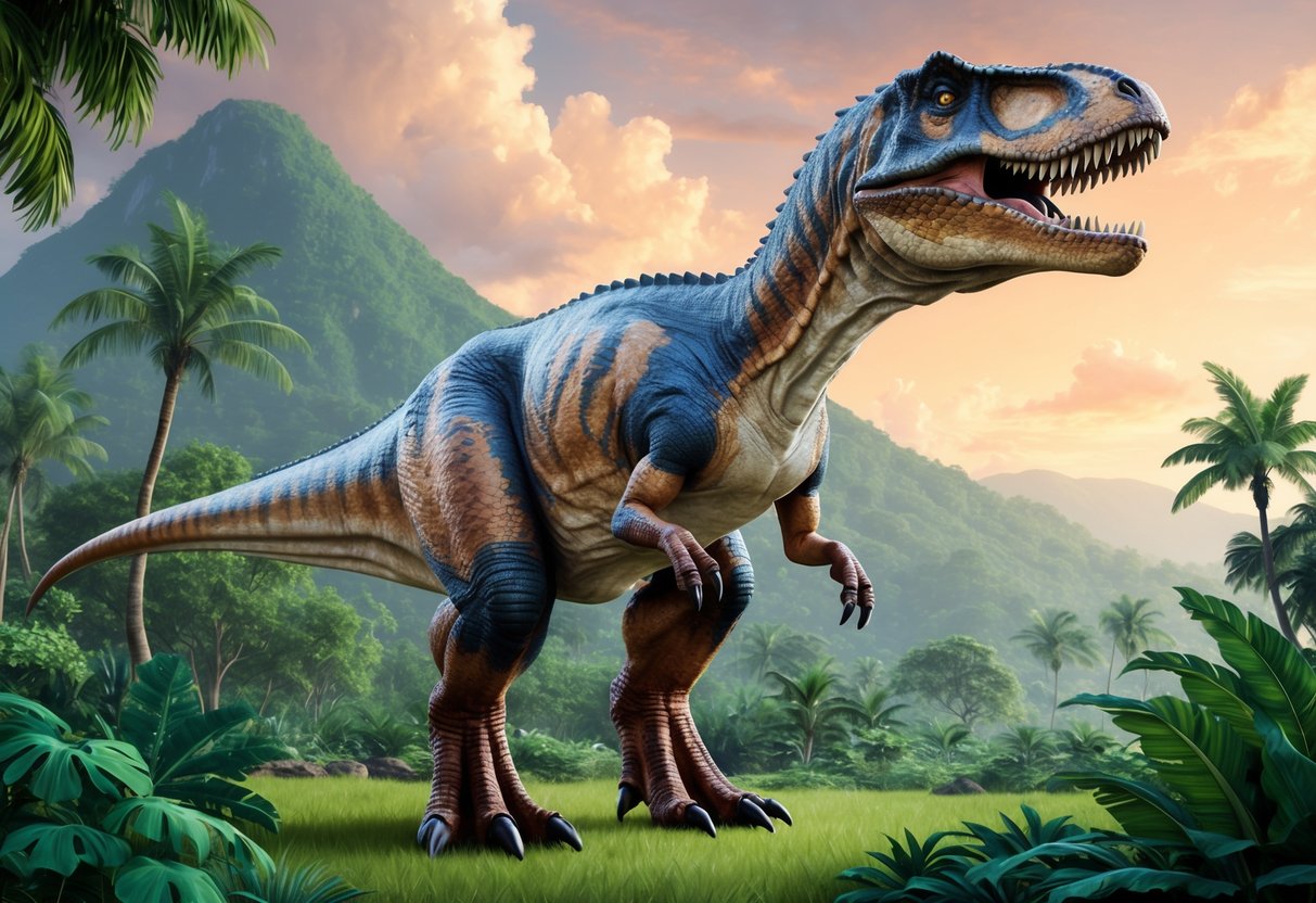 A towering apex dinosaur with sharp teeth and powerful limbs, camouflaged in a lush prehistoric landscape