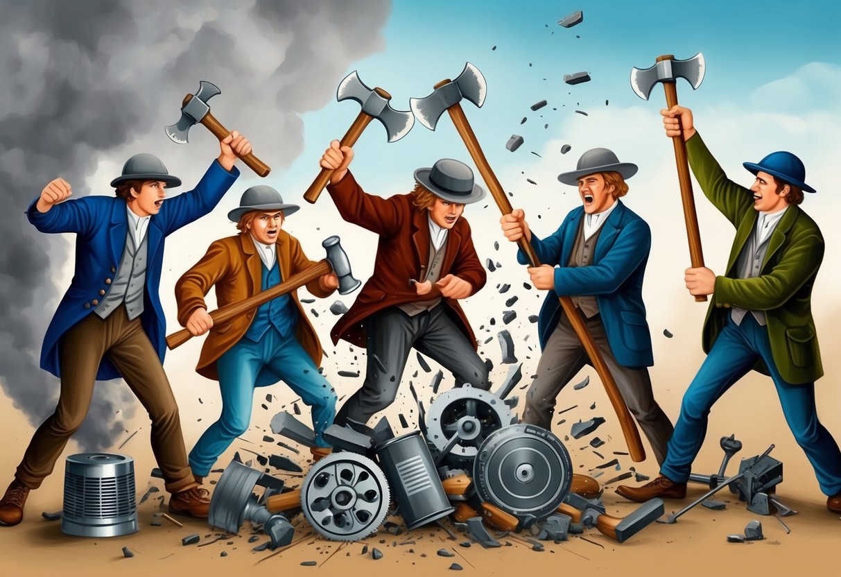 A group of luddites smashing modern technology with hammers and axes in a protest against industrialization