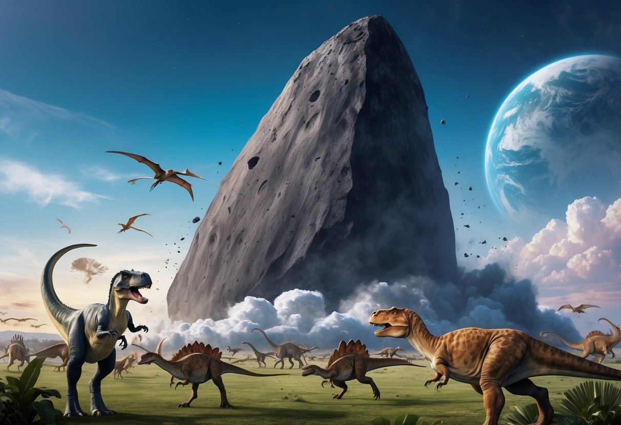 A massive asteroid hurtles towards Earth, causing chaos as dinosaurs flee in panic