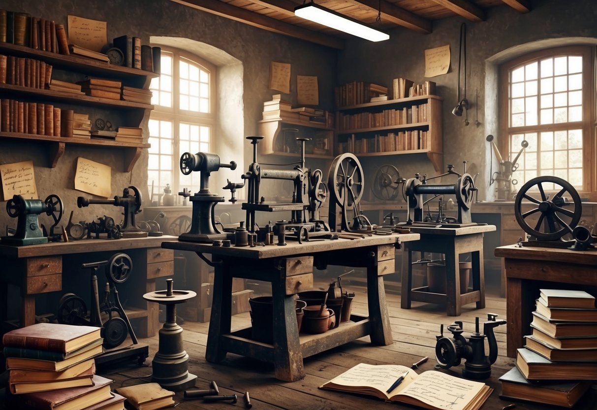 A dusty old workshop filled with antique tools and machinery, surrounded by books and handwritten notes on the history of technology