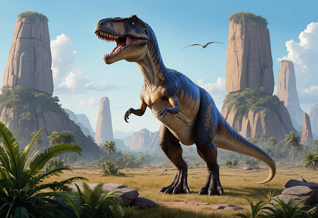 A towering apex dinosaur stands amidst a prehistoric landscape, surrounded by ancient vegetation and towering rock formations