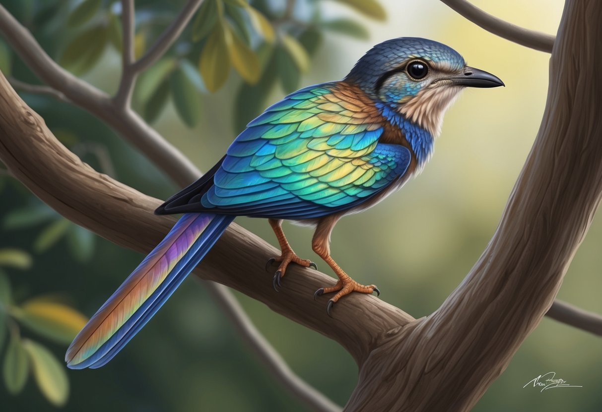 A microraptor with iridescent feathers perched on a tree branch