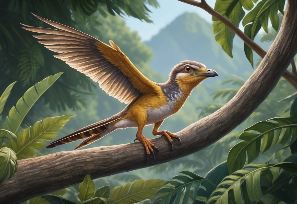 A microraptor perched on a tree branch, feathers ruffling in the wind, surrounded by lush prehistoric foliage