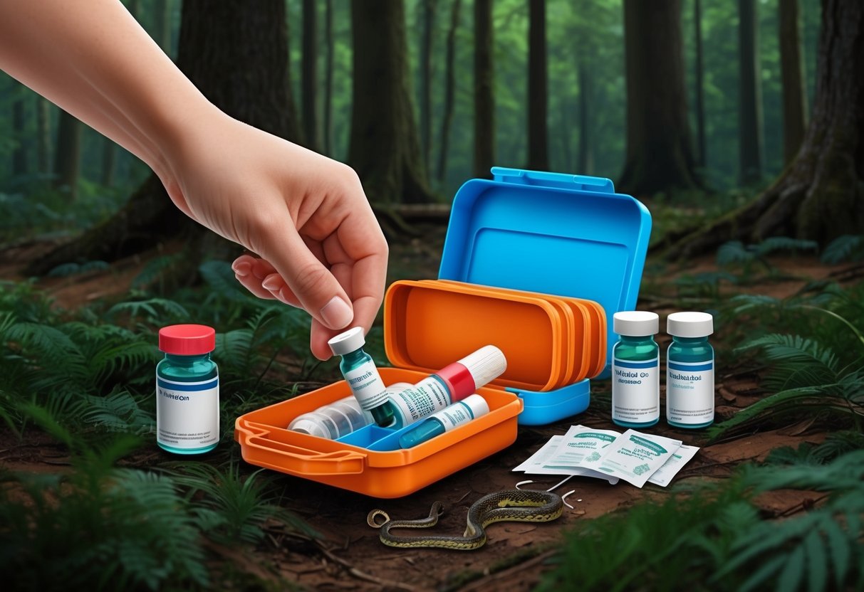 A hand holding a snakebite kit with antivenom vials and medical supplies on a forest floor