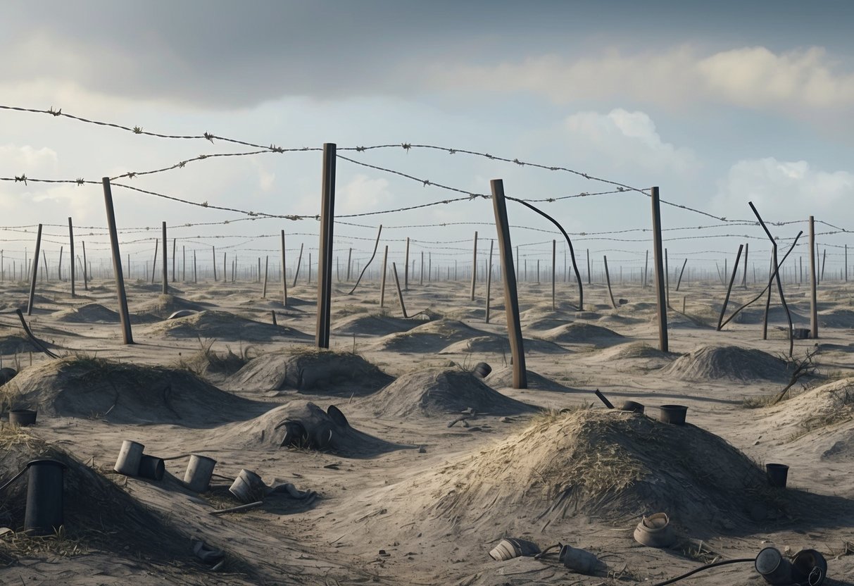 Barren, desolate landscape with barbed wire, trenches, and remnants of war