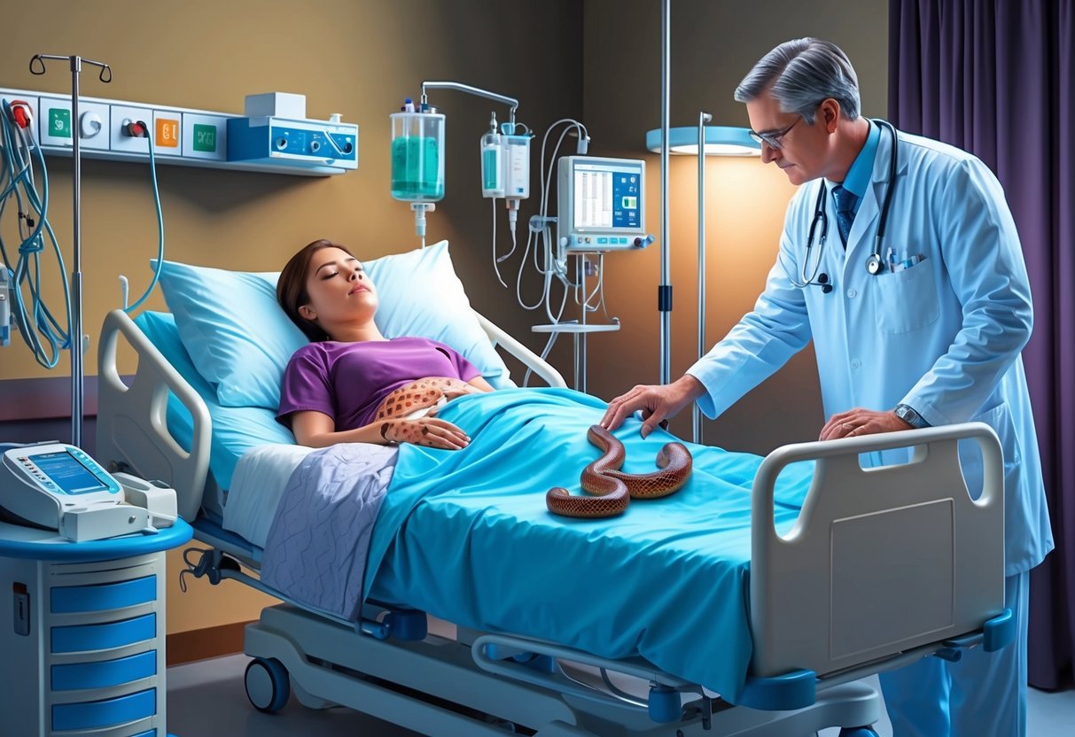 A person resting in a hospital bed, surrounded by medical equipment and a doctor checking the wound from a copperhead snake bite