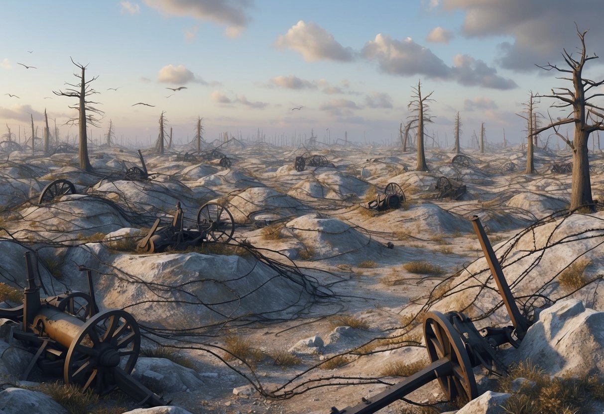 Barren, cratered landscape with tangled barbed wire, broken trees, and remnants of war machinery scattered across the desolate no man's land of the Western Front in WW1