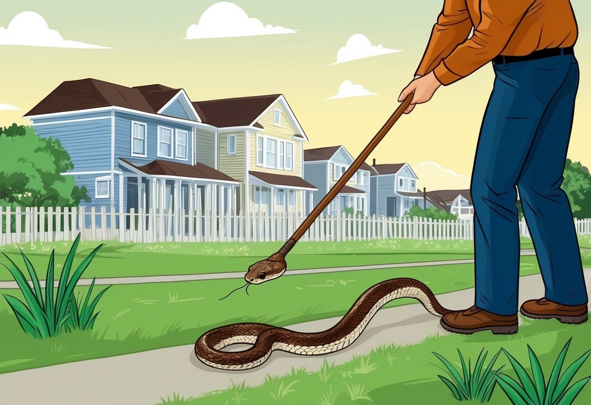 A person using a long stick to gently guide a copperhead snake away from a populated area