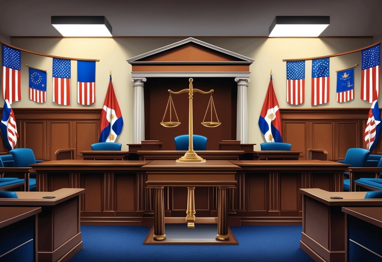 A courtroom with a scale representing justice, surrounded by flags symbolizing nationalism and patriotism