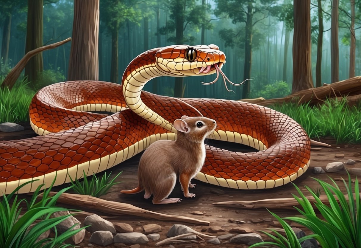 A copperhead snake bites a small mammal in a forest clearing