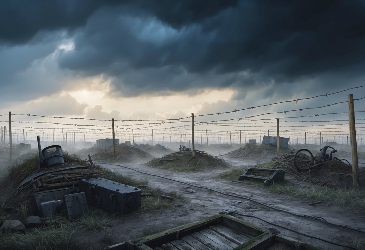 A desolate battlefield with barbed wire, trenches, and abandoned equipment under a stormy sky