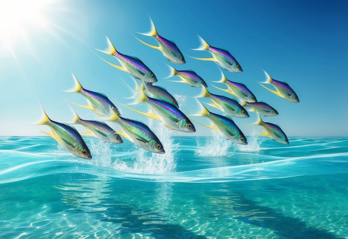 A school of flying fish leaps from the crystal-clear water, their iridescent scales glinting in the sunlight as they glide effortlessly through the air