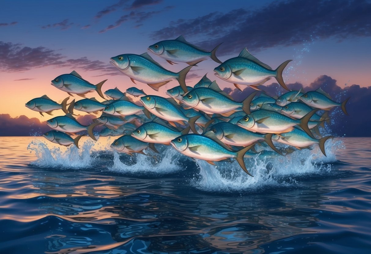 A school of flying fish leaping out of the water at dusk