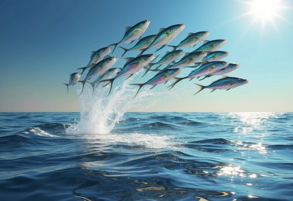 A school of flying fish leap from the shimmering ocean, their iridescent scales catching the sunlight as they arc through the air