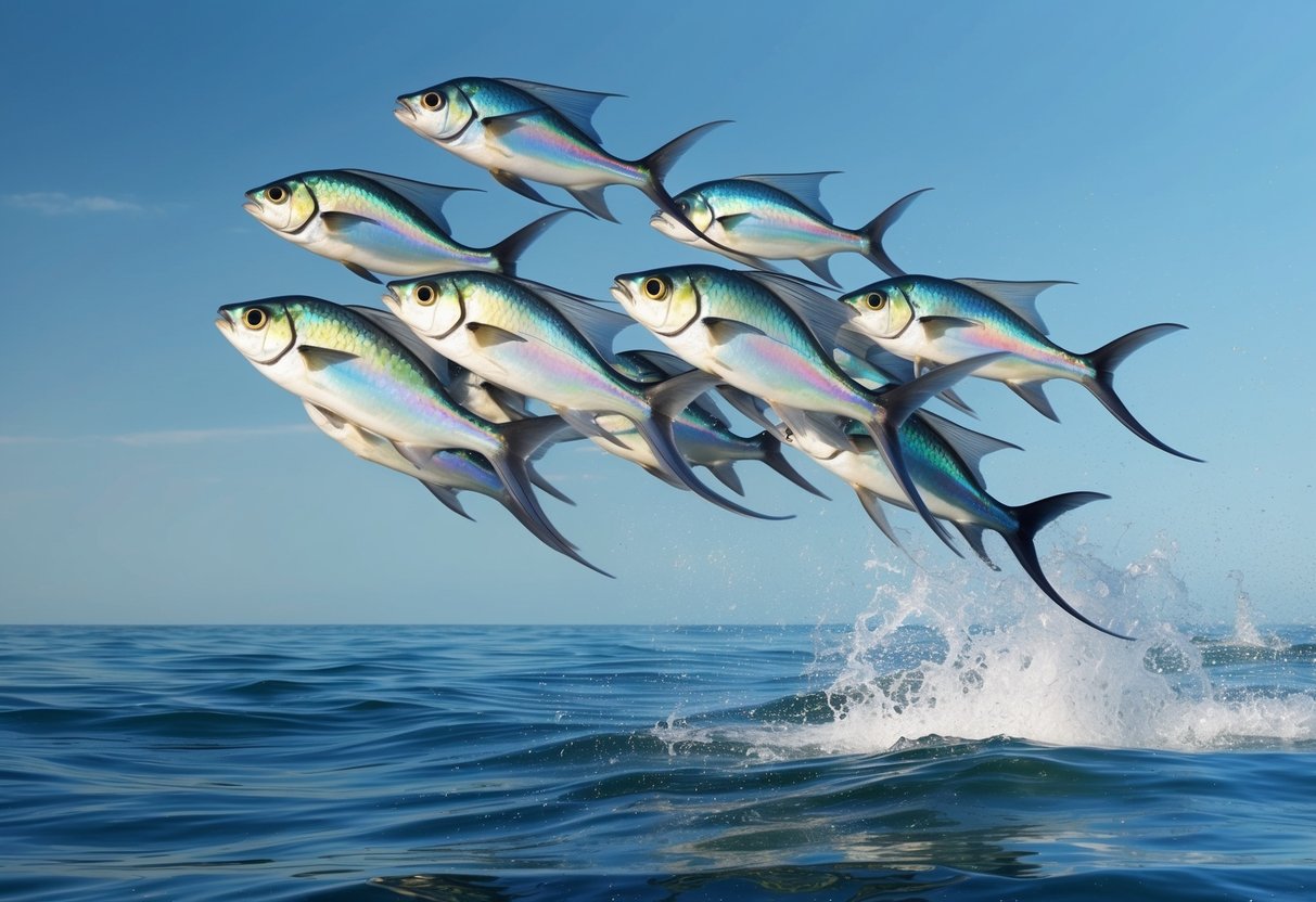 A school of flying fish leaping out of the water, their iridescent scales glistening in the sunlight as they glide through the air