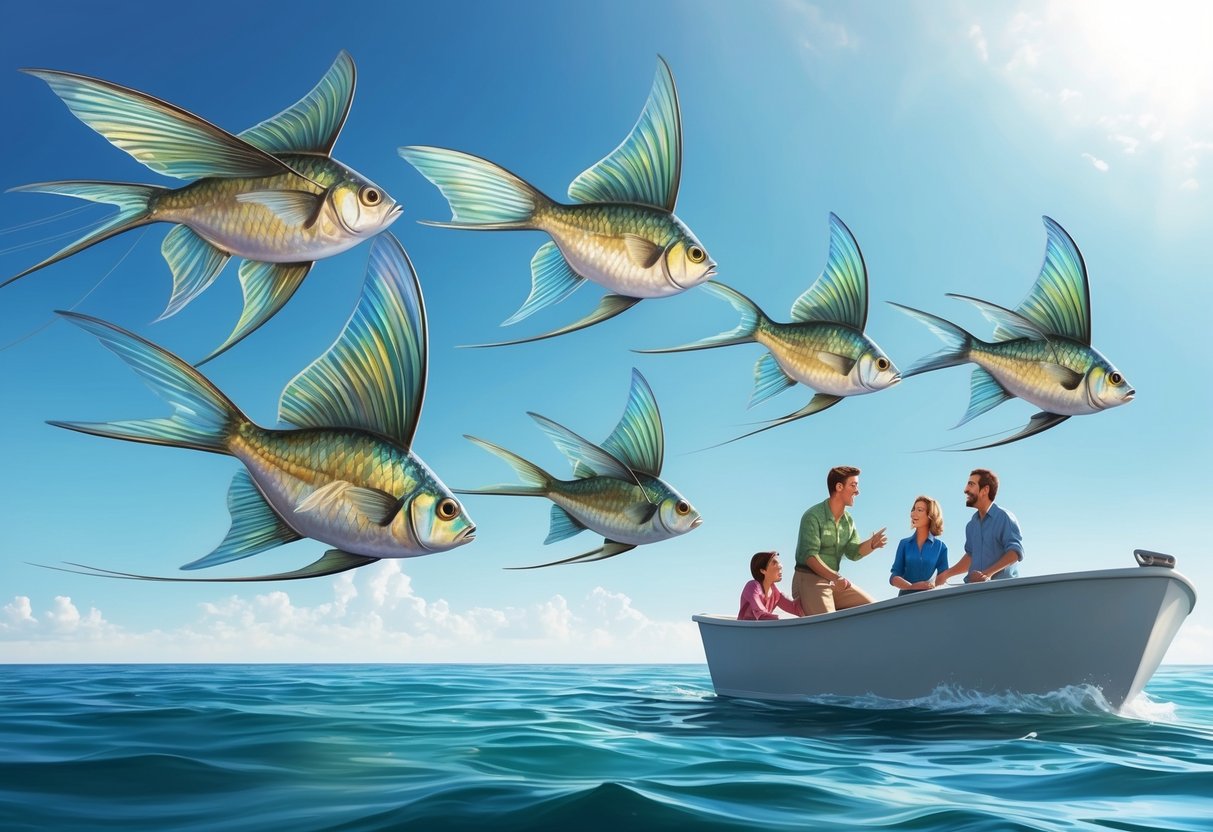 A group of flying fish gracefully gliding through the air, their iridescent scales catching the sunlight as they interact with curious humans on a boat