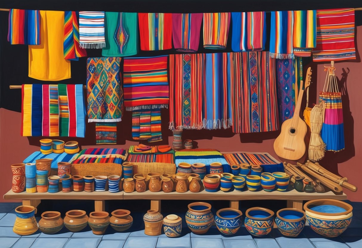 A traditional Peruvian market with colorful textiles, pottery, and Andean musical instruments displayed