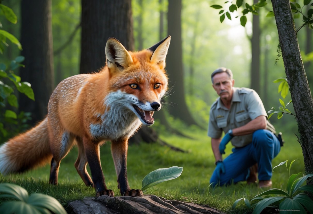 A red fox snarls at encroaching threats in a lush forest, while a conservationist watches from a distance