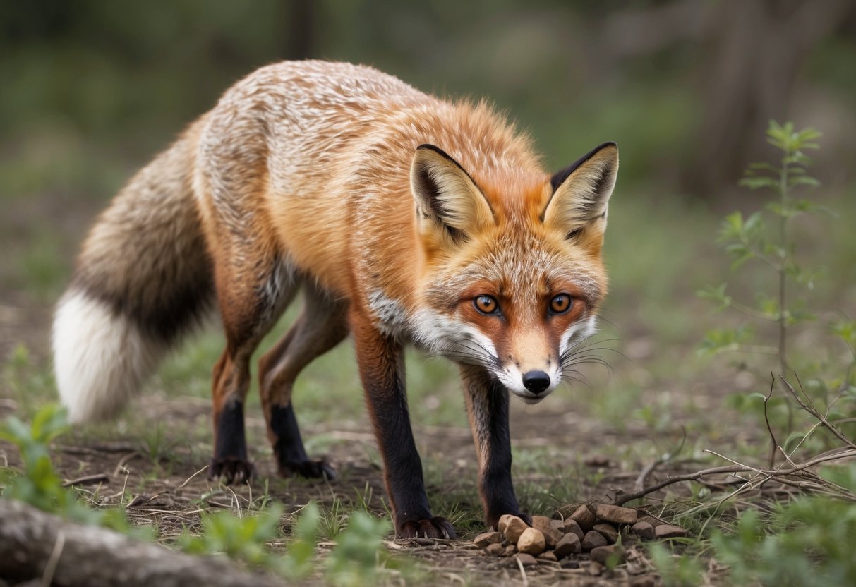 A red fox with distinct genetic traits, such as fur color and markings, foraging in its natural habitat