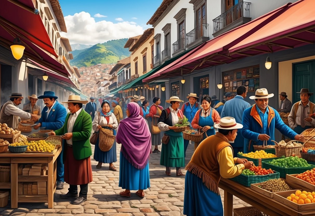 A bustling Peruvian marketplace, with people of all backgrounds engaging in trade and conversation, showcasing the diverse social structures and sense of justice within the community