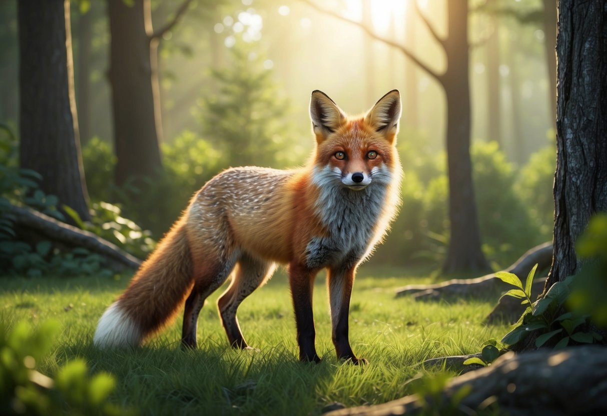 A red fox standing in a lush forest clearing, with sunlight filtering through the trees and casting a warm glow on its fur