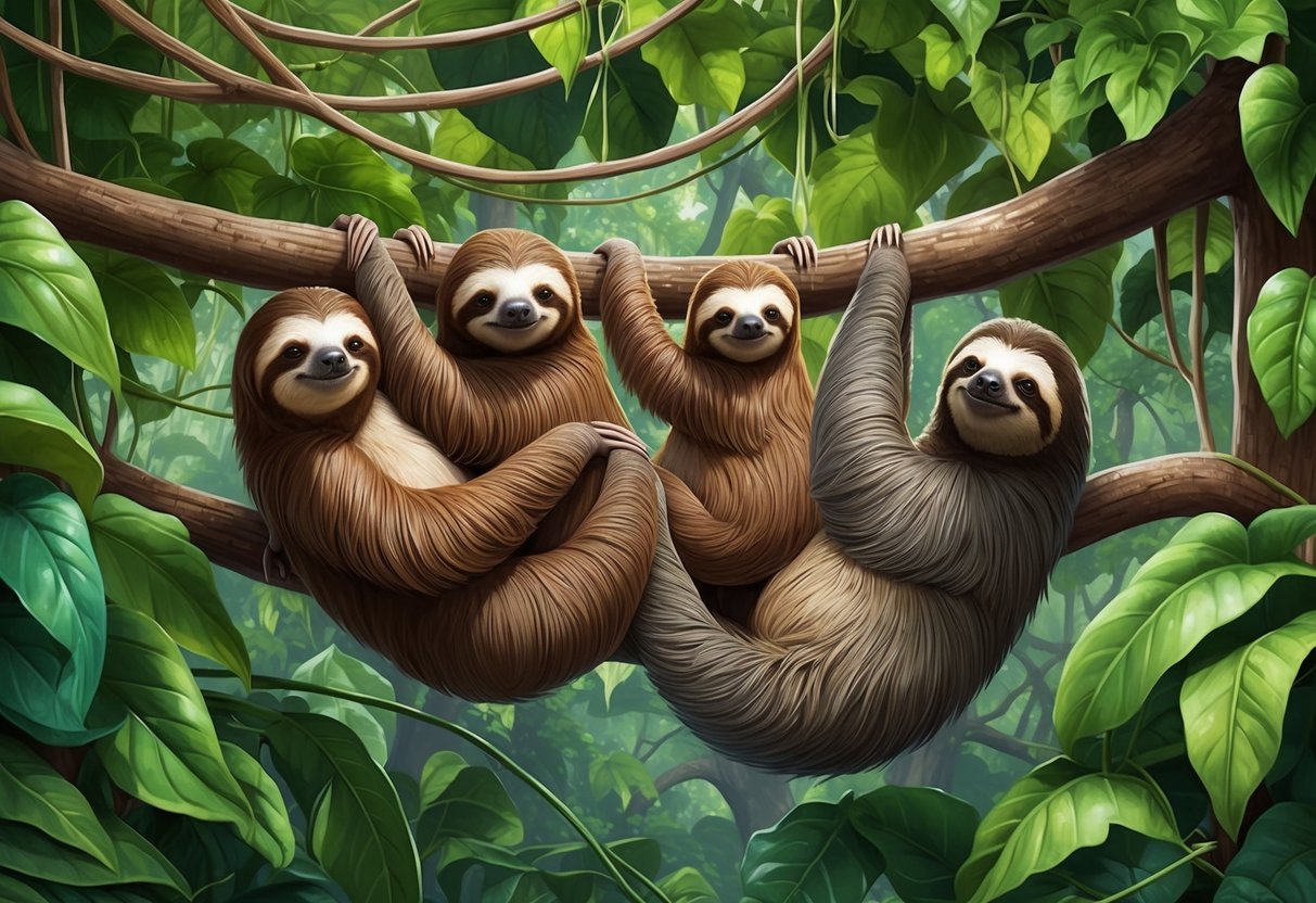 A family of sloths lounging in the treetops, surrounded by lush green foliage and hanging vines