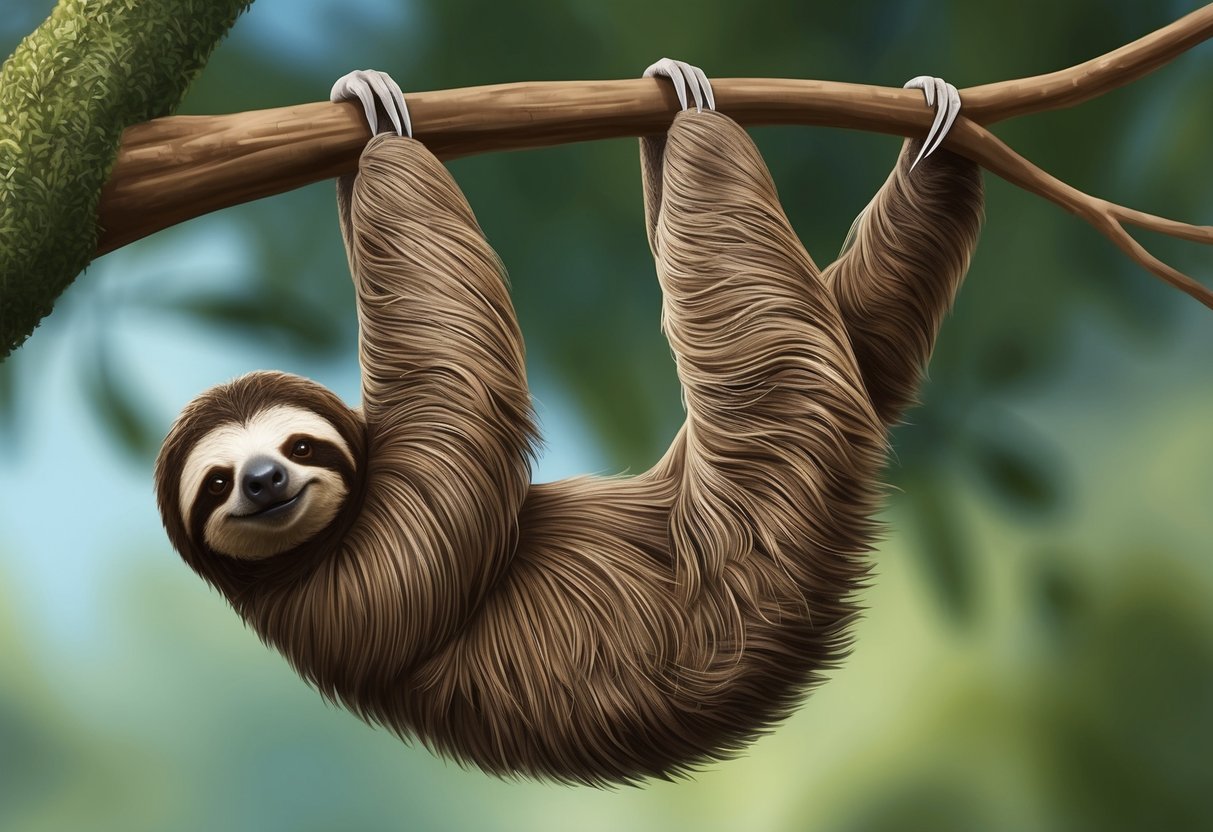 A sloth hanging from a tree branch, with long claws and a slow-moving, relaxed demeanor