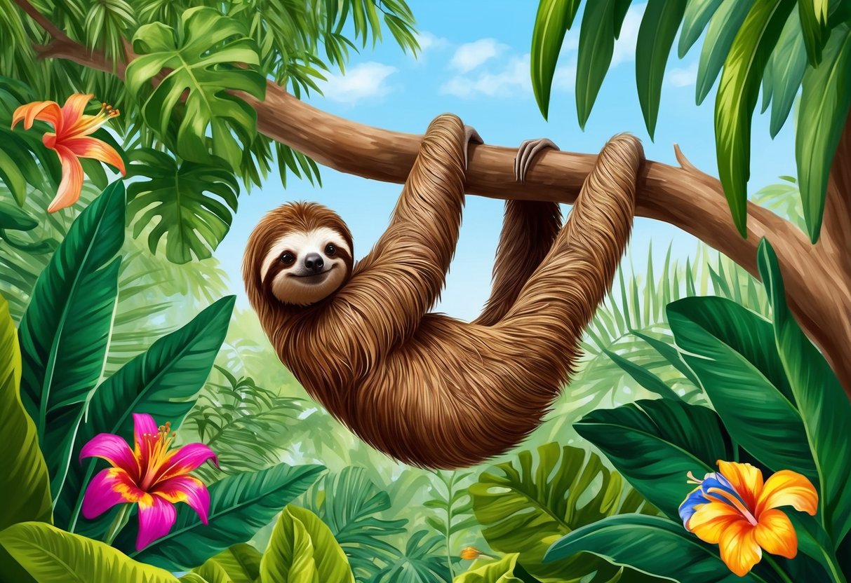 A sloth hanging from a tree branch, surrounded by lush green foliage and colorful tropical flowers