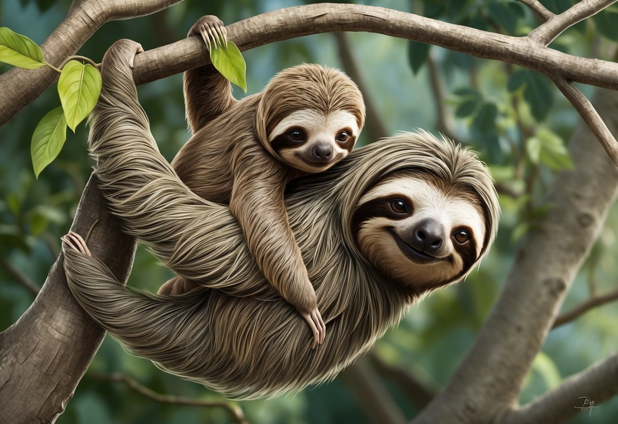 A baby sloth clings to its mother's back as they move through the treetops.</p><p>The mother sloth is reaching for leaves to eat while the baby looks around with curiosity