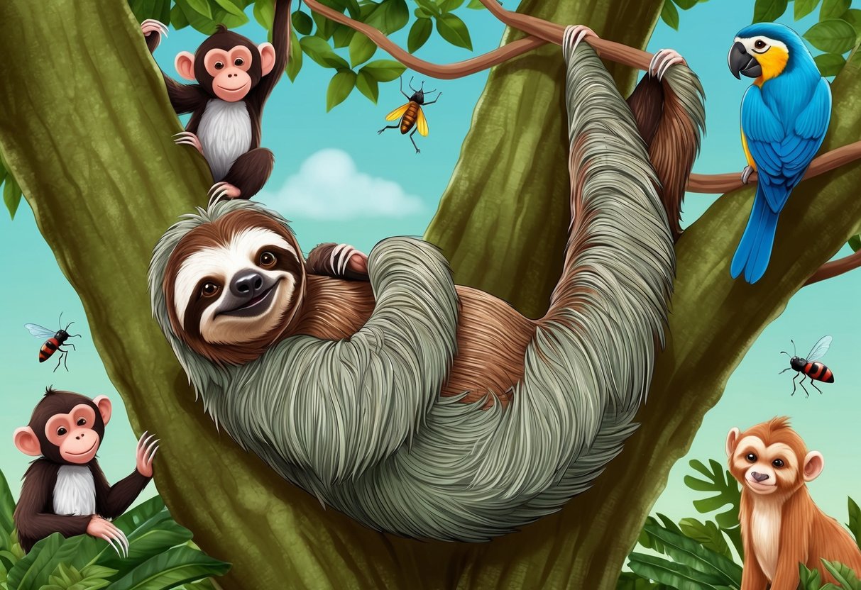 A sloth lounges in a tree, surrounded by curious animals like monkeys, birds, and insects