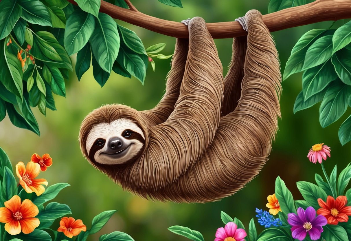 A sloth hanging from a tree branch, surrounded by lush green foliage and colorful flowers