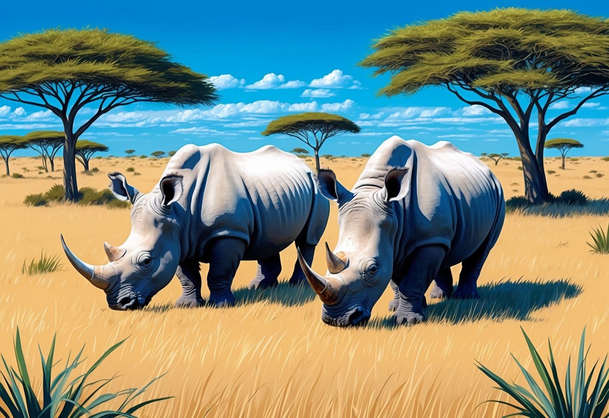 Two white rhinos grazing in a vast, open savanna, surrounded by tall grass and scattered acacia trees under a bright blue sky