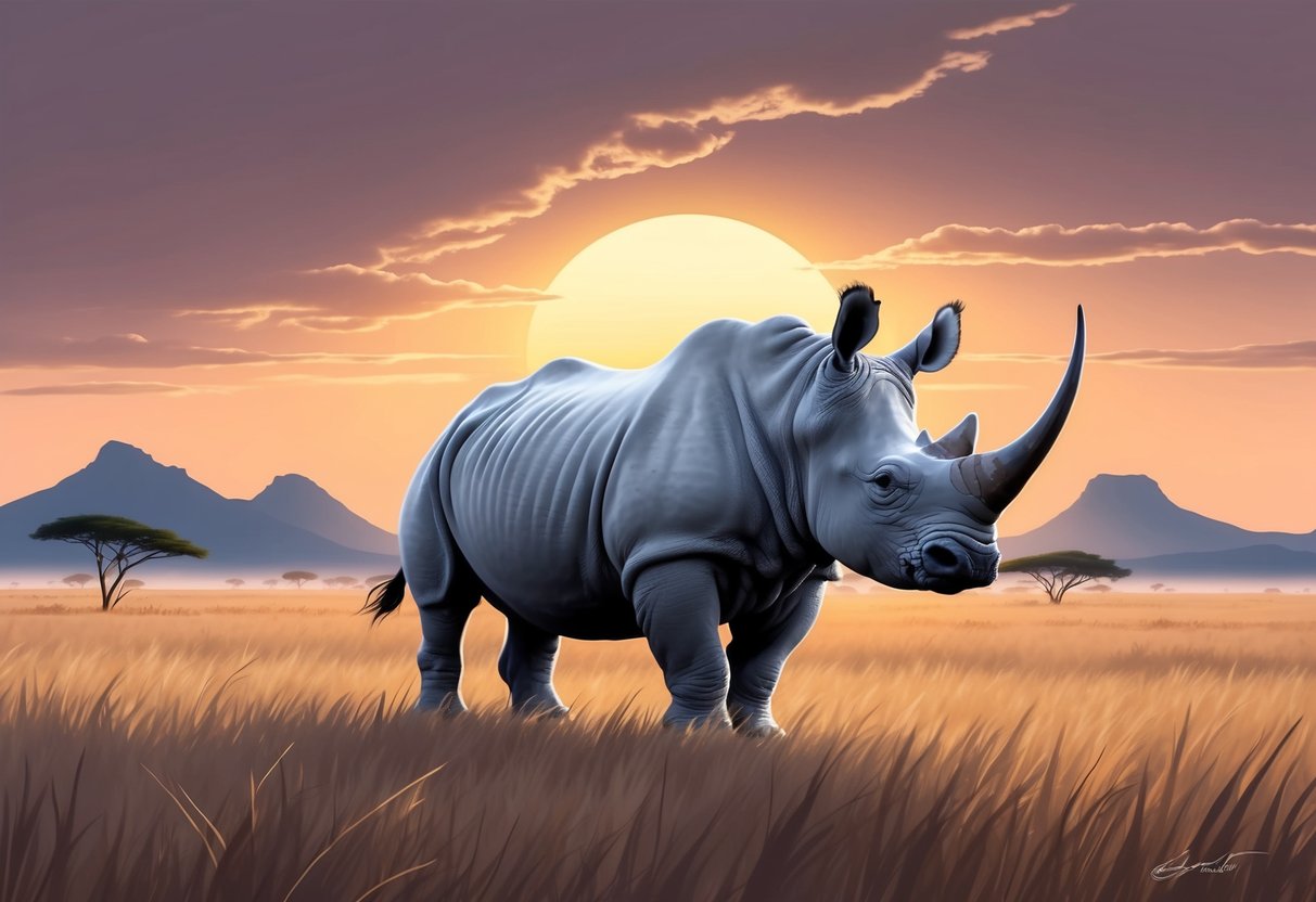 A lone white rhino stands in a vast savanna, surrounded by tall grass and distant mountains.</p><p>The sun sets behind it, casting a warm, golden glow over the landscape