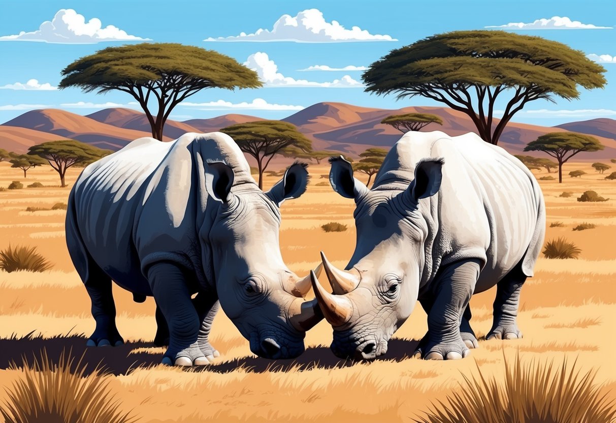 Two white rhinos grazing in the savannah, with a backdrop of rolling hills and acacia trees