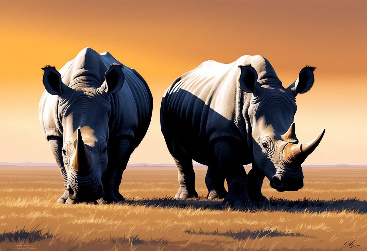 Two white rhinos cautiously grazing in a vast, open savanna, their powerful forms silhouetted against the golden sunset